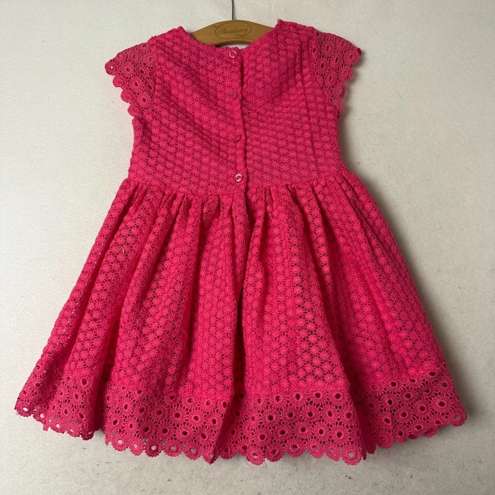 Juicy Couture Girls Pink Eyelet Lace Dress Gold Heart Logo Button Back Size 6X